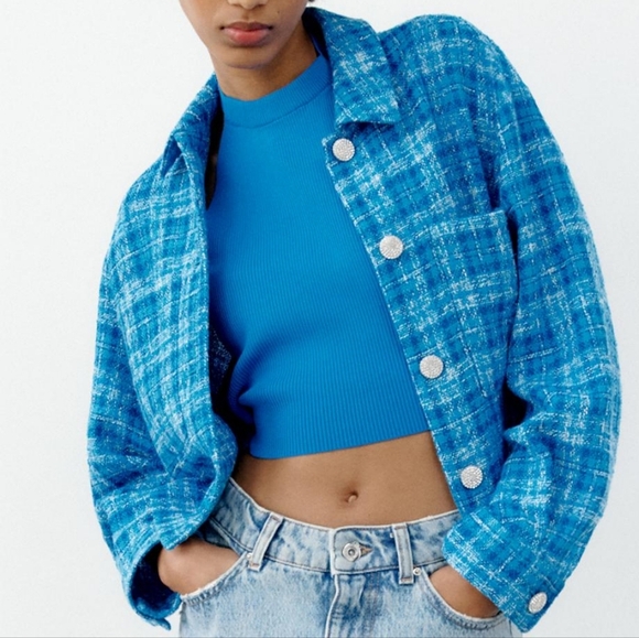 Zara Women's Plaid Tweed Cropped Long Sleeve Button Down Blazer Top Blue Size L. - Picture 4 of 16